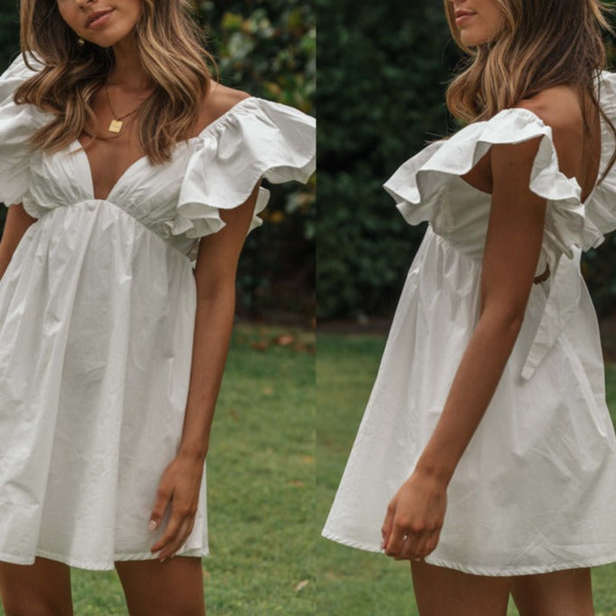 Women's New V-neck Ruffle Sleeve Age Reducing Short Dress