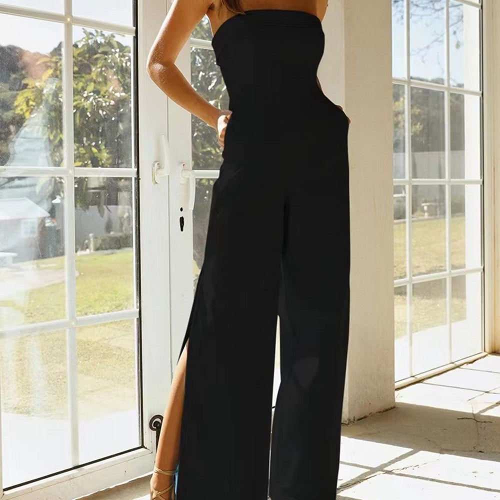 High Waist Sleeveless Jumpsuit with Tube Top and Slit Detail