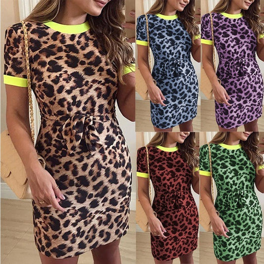 Summer New Women's Slim Fit Leopard Print Short Sleeve Dress