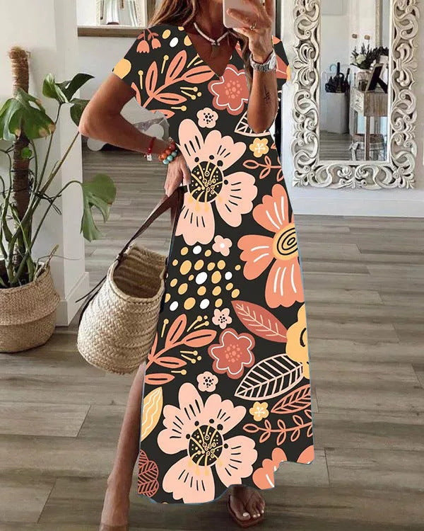 Mid-Length Casual Loose Dress with Digital Print, V-Neck, and Short Sleeves