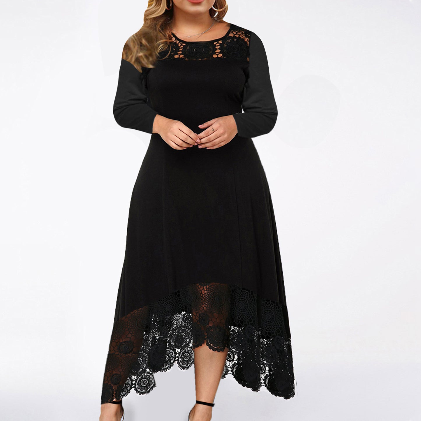 Women's Casual Round Neck Lace Stitching Irregular Hem Long Sleeve Dress