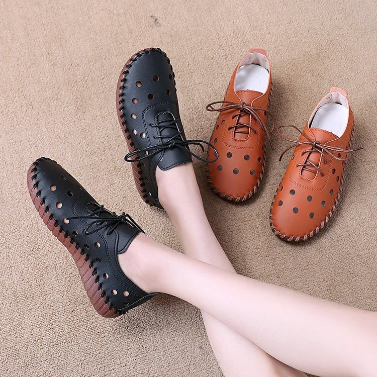 Women Flat Shoes Breathable Hollow Out Lace-up Loafers