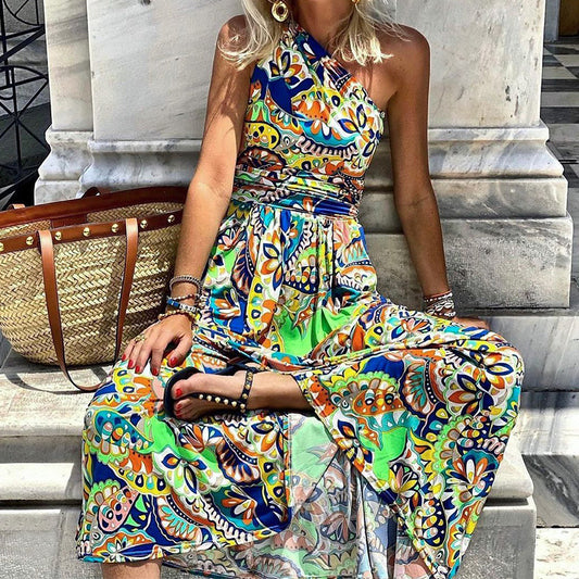 Printed One Shoulder Sleeve Boho Maxi Dress Women's