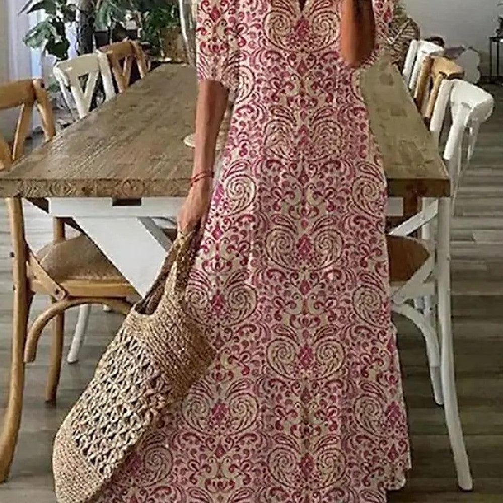 Women's Long Dress with Medium-Length Sleeves and Printed Design