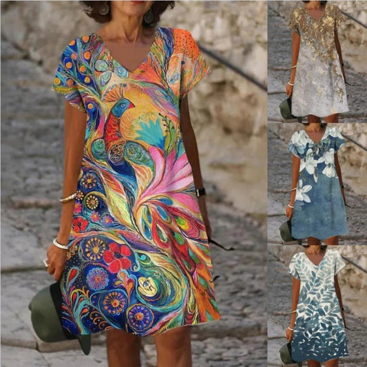 New European And American V-neck Print Dress for Women