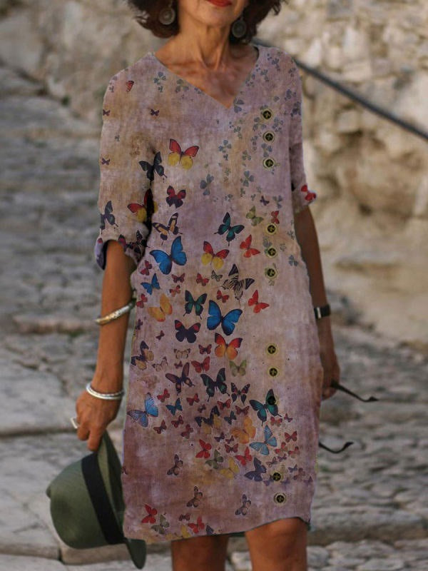 Printed V-neck Mid-Length Dress with Five-Point Sleeves