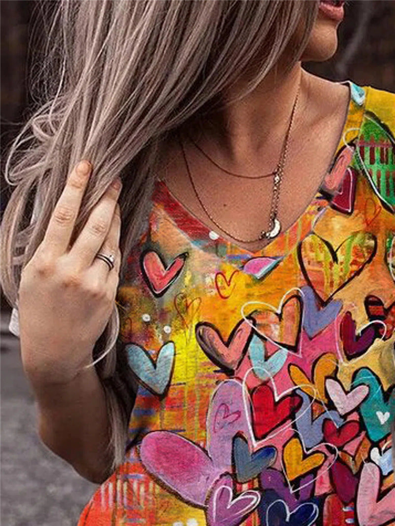 Personalized Printed V-neck Short Sleeved Loose Fitting
