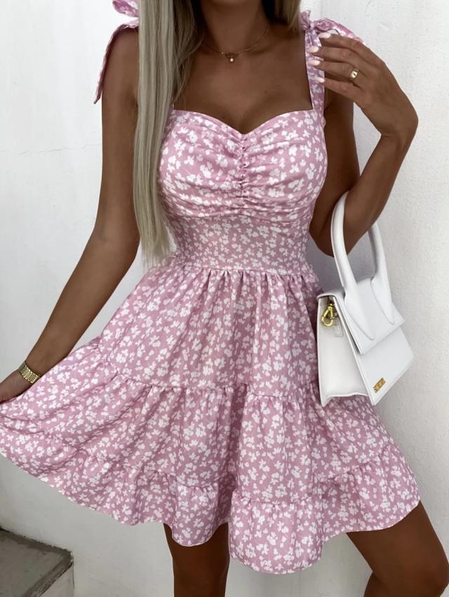 Printed Waisted Fashion Pleated Dress