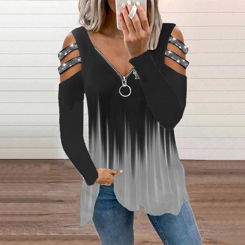 Women's V-Neck Printed Short Sleeve T-Shirt with Zip Pullover