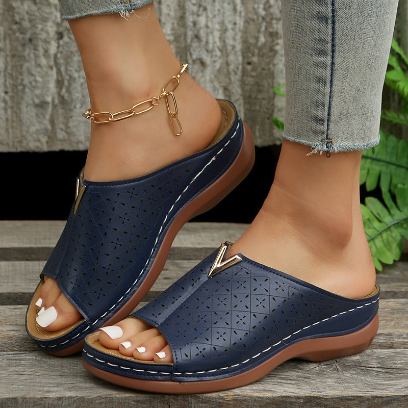 V Letter Slippers Women Wedges Sandals Summer Roman Shoes