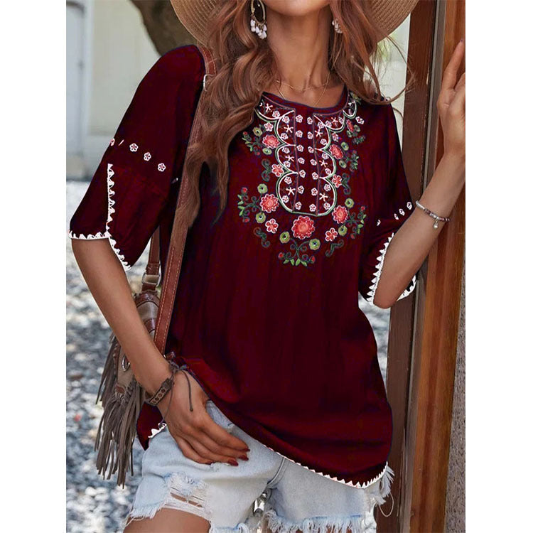 Women's Fashion Simple Ethnic Style Print Short-sleeved Top