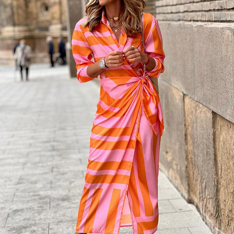 European and American-Style Cardigan Dress with Lace-Up Detail and Striped Print