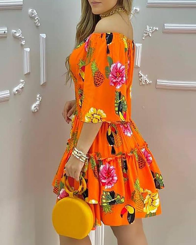 One-shoulder Printed Short And Big Hem Dress