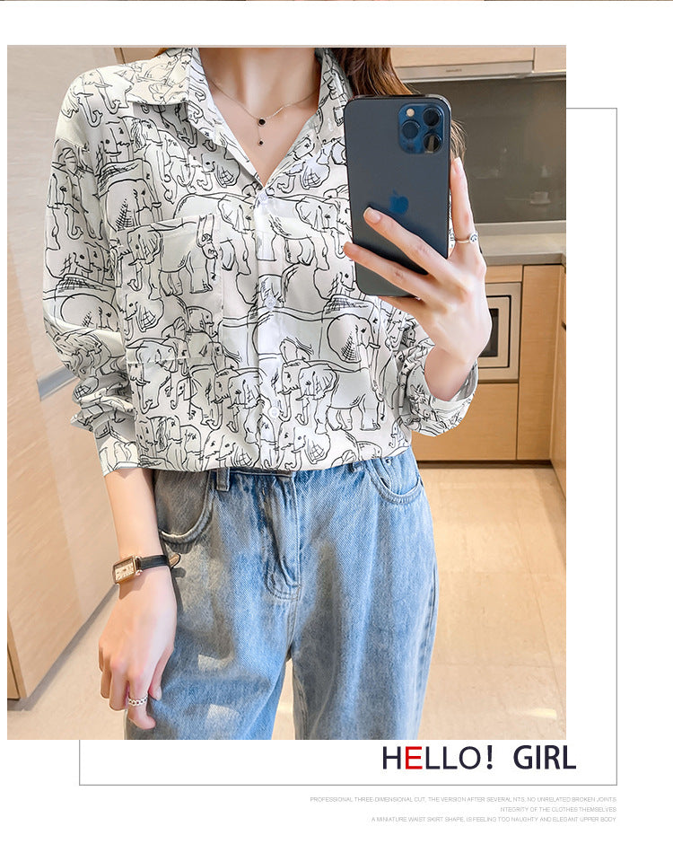 All-Match Long-Sleeved Shirt with Elephant Print in a Loose and Thin Style