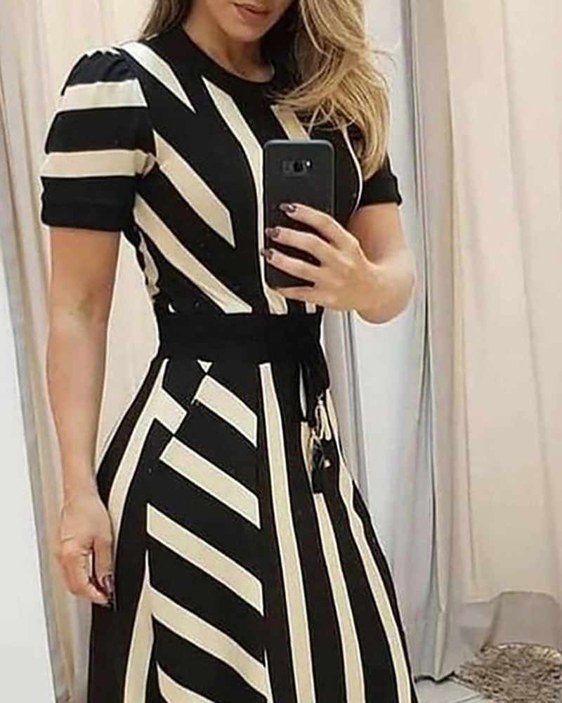 Fashion Stripes Short Sleeve Women Round Neck Dress