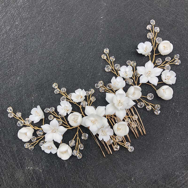 Crystal Ceramic Flower Bridal Crown Hair Comb