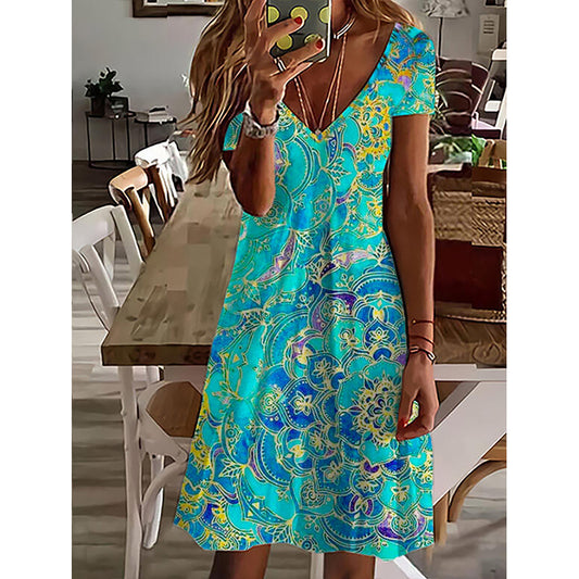Fashionable Loose Dress for Women with a V-Neck and an Eye-Catching Print.