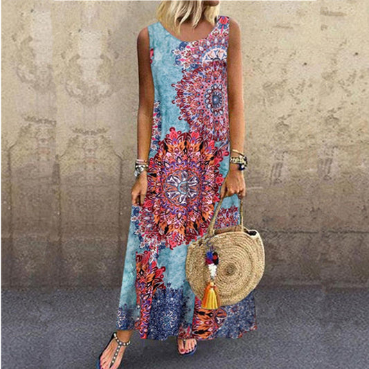 Sleeveless Dress with Round Neck and Ethnic Digital Printing