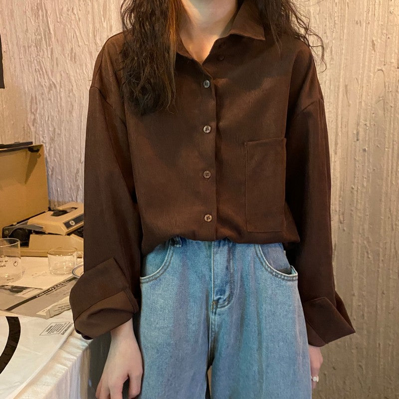 Hong Kong-Style Corduroy French Shirt with Long Sleeves for Women