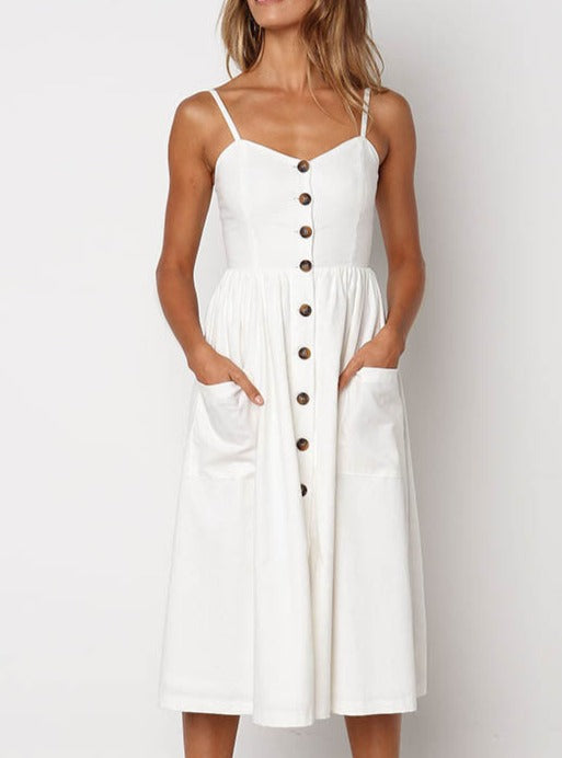 Women's Single-breasted Cotton Linen Sleeveless Dress
