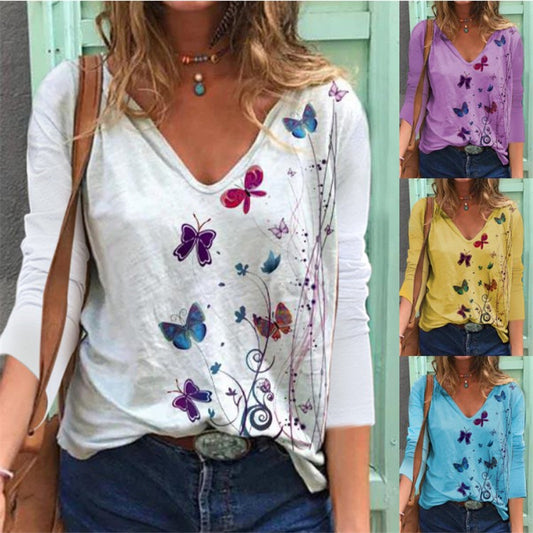 Women's Long Sleeve V-Neck T-Shirt with Butterfly Print