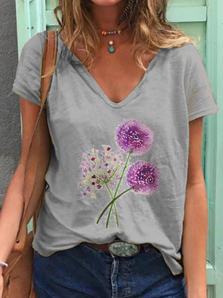 V-neck T-shirt with Dandelion Print and Short Sleeves