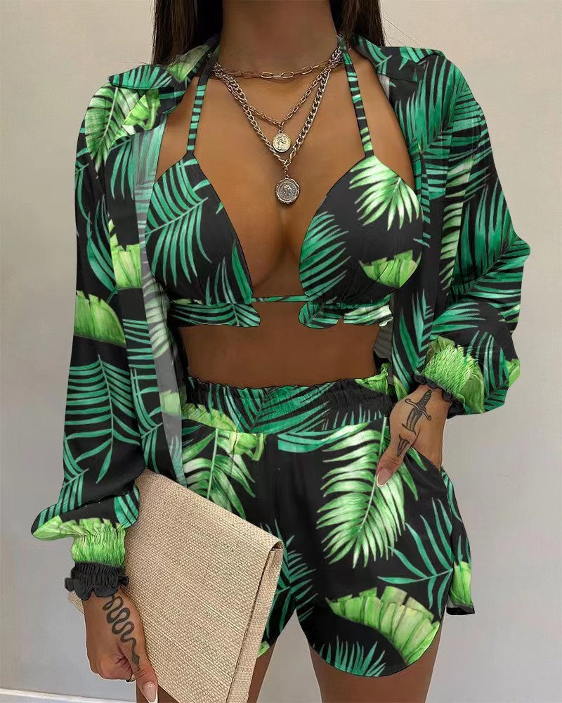 Women's Solid Color Printed Three-Piece Suit