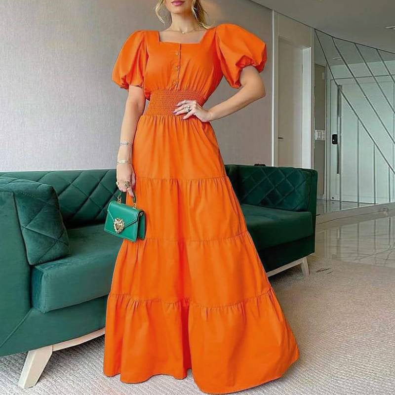 Square Neck Bubble Sleeve Long Skirt Dress