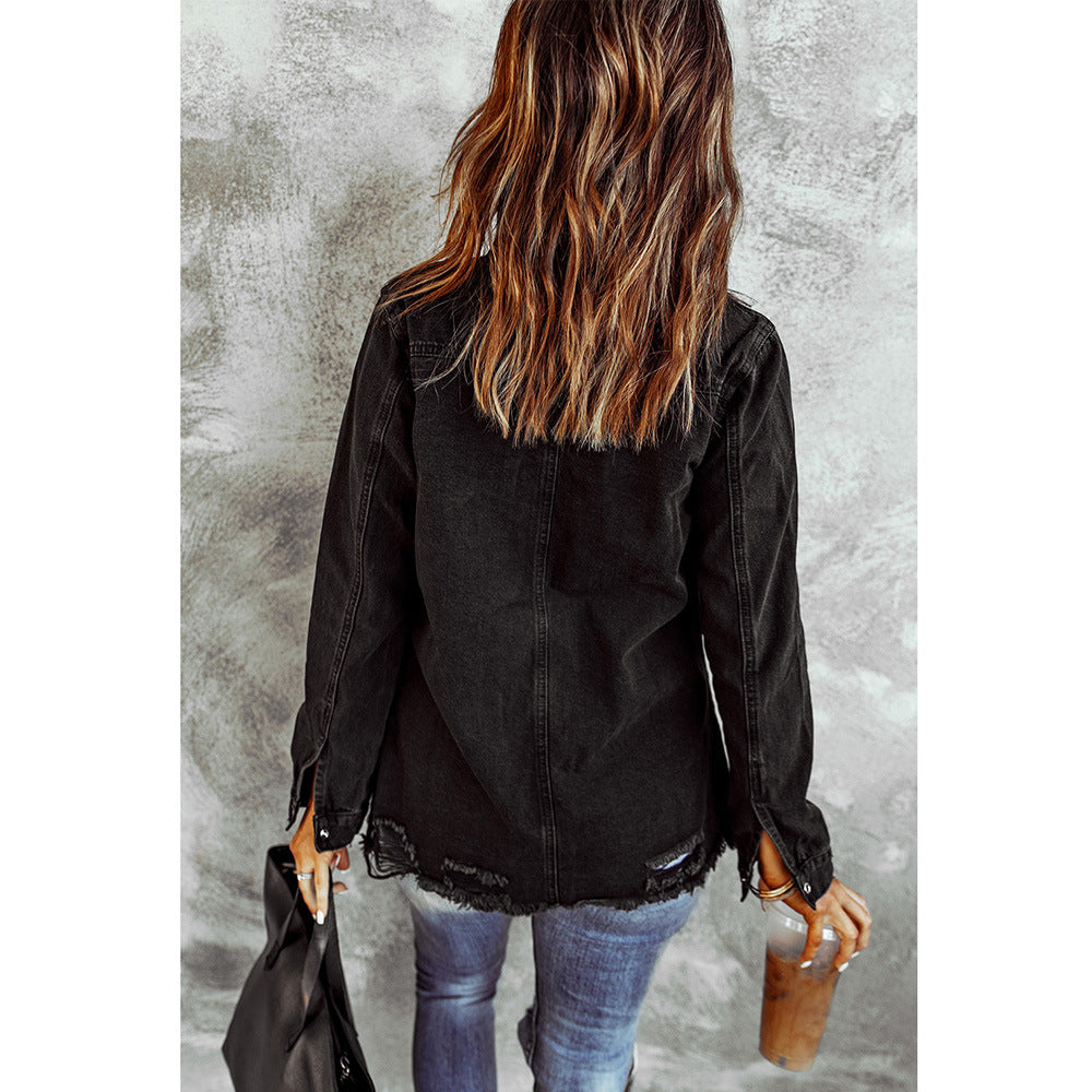 Black Ripped Denim Long Sleeve Coat Jacket for Women