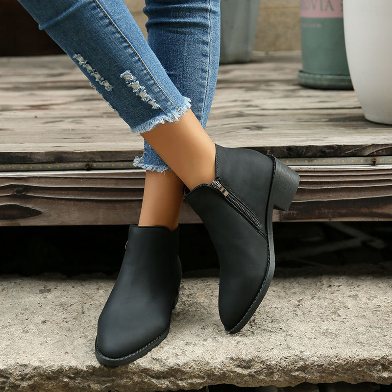 Chunky Mid-Heel Waterproof Ankle Boots for Women with Side Zipper