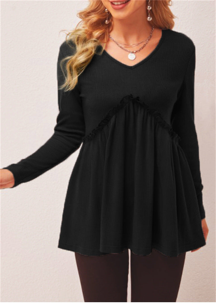 New Loose Ruffled Folded Loose V-neck T-shirt