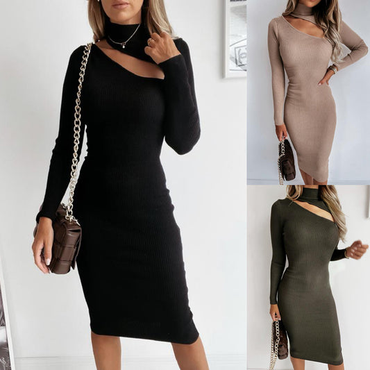 Women's Solid Color Strapless Long Sleeved Slim Knit Dress