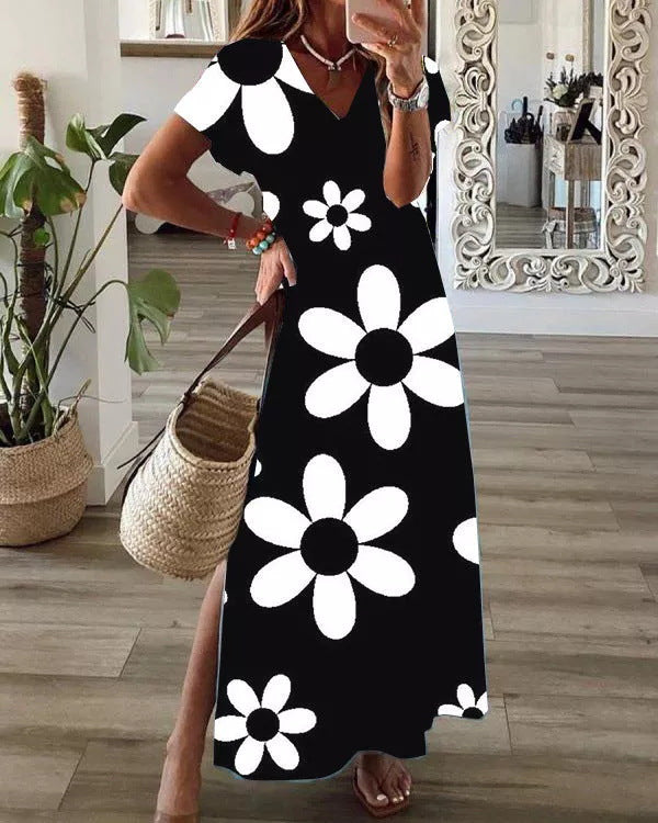 Mid-Length Casual Loose Dress with Digital Print, V-Neck, and Short Sleeves