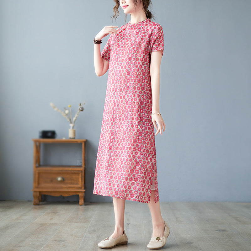 Women's Temperament Fashion Standing Collar Retro Print Short-sleeved Long Dress