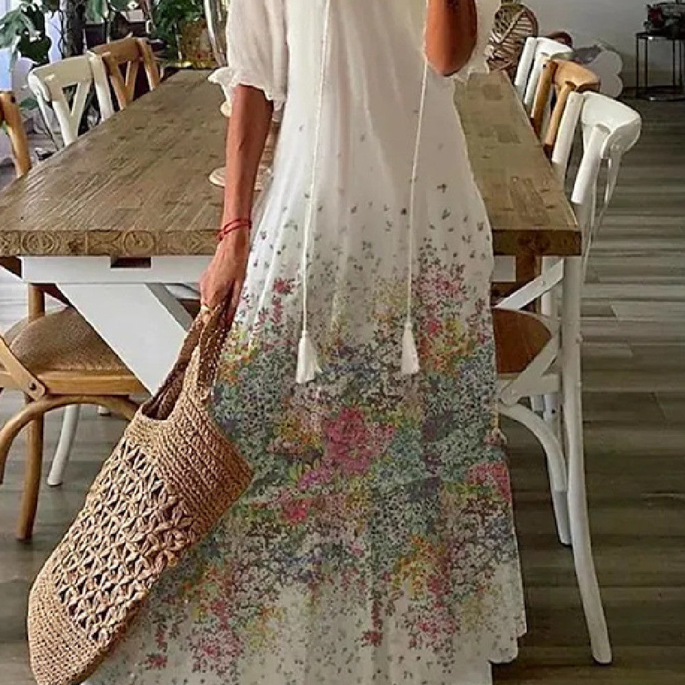 Women's Long Dress with Medium-Length Sleeves and Printed Design