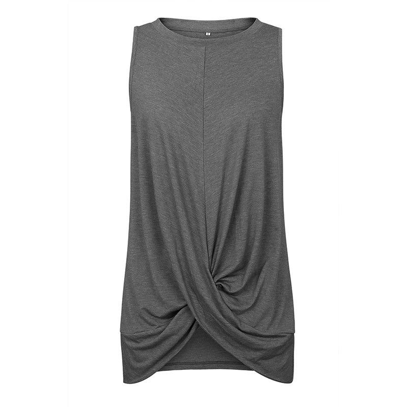 Sleeveless Round Neck T-shirt Top with Pleated Stitching