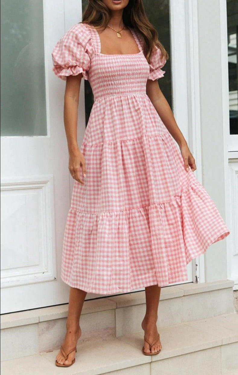 Plaid Dress Square Collar Puff Sleeve High Waist