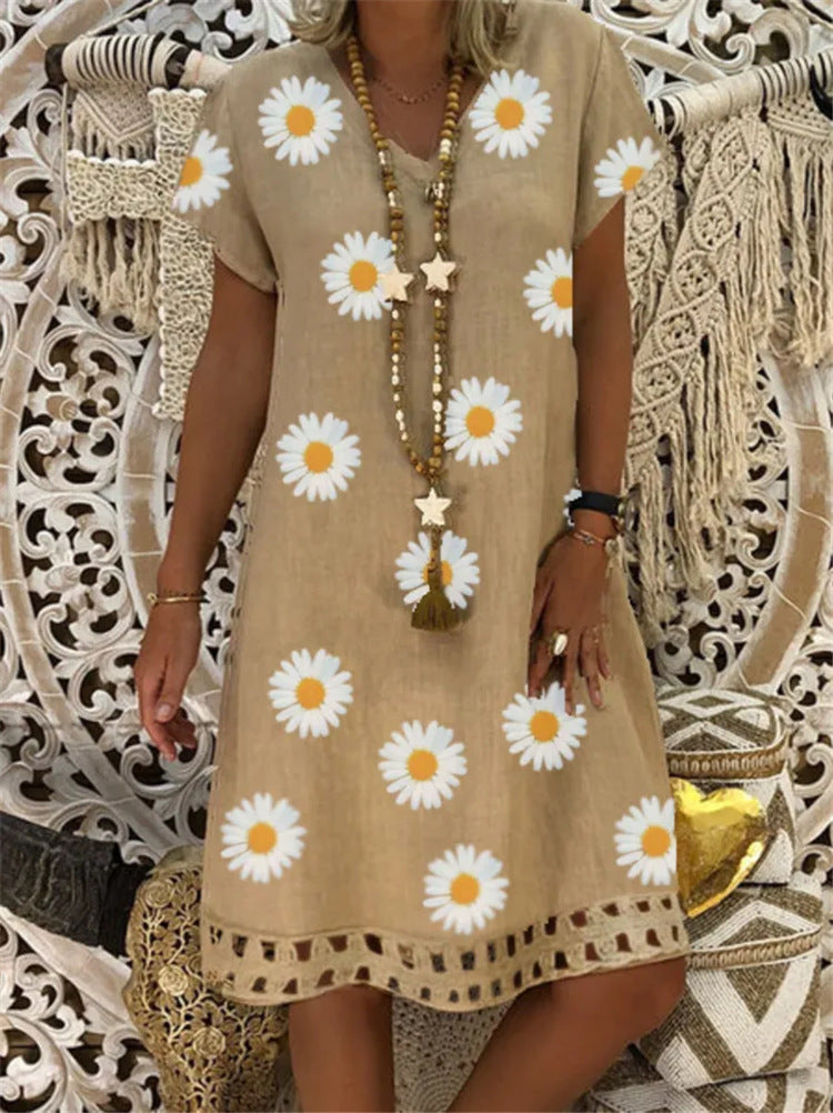Sunflower Print V-Neck Short Sleeve Dress