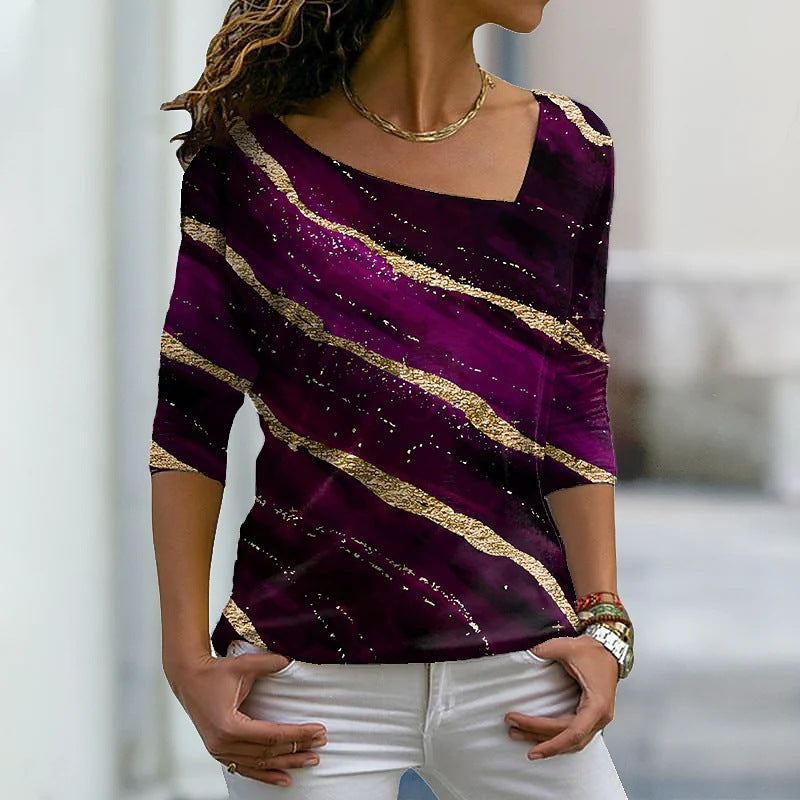 Women's Gradient Print V-neck Long-sleeved Loose T-shirt