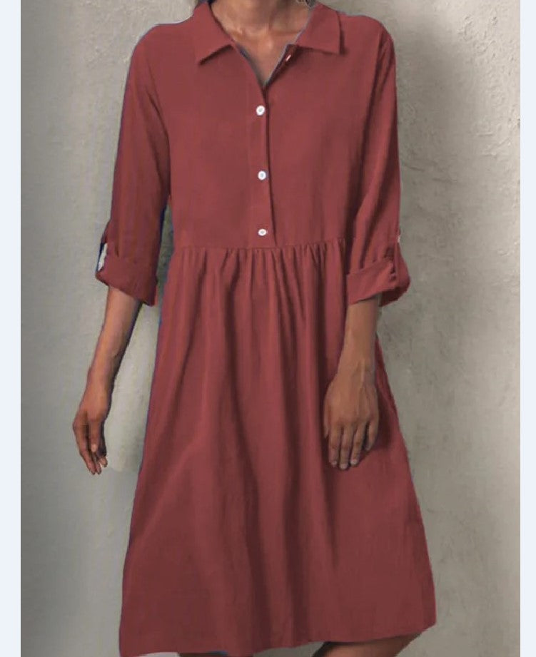 Solid Color Basic Long-sleeved Shirt Collar Buttoned Dress