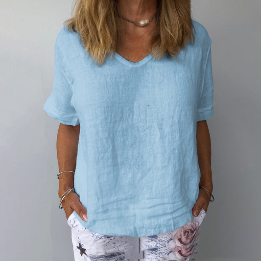 Loose Casual Top in Solid Color, Short-Sleeved, and Made of Cotton and Linen