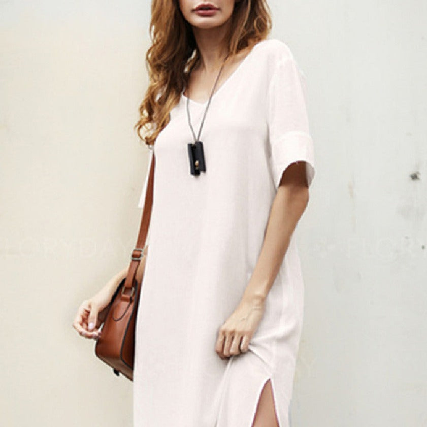 Fashion Solid Cotton And Linen Dress