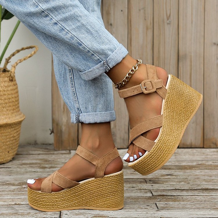 Summer Casual Non-Slip Wedge Sandals for Women: Cross-Strap Platform Shoes with Hemp Heels