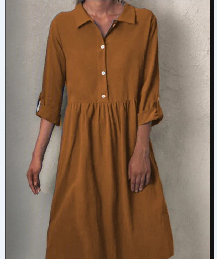 Solid Color Basic Long-sleeved Shirt Collar Buttoned Dress