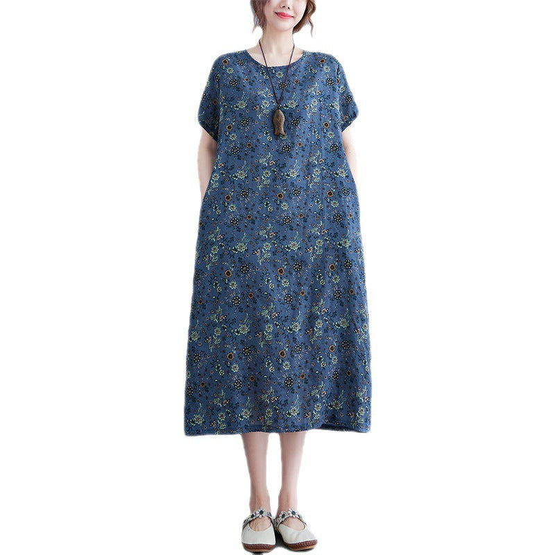 Literary Loose Cotton And Hemp Printed Round Neck Short-sleeved Dress For Women