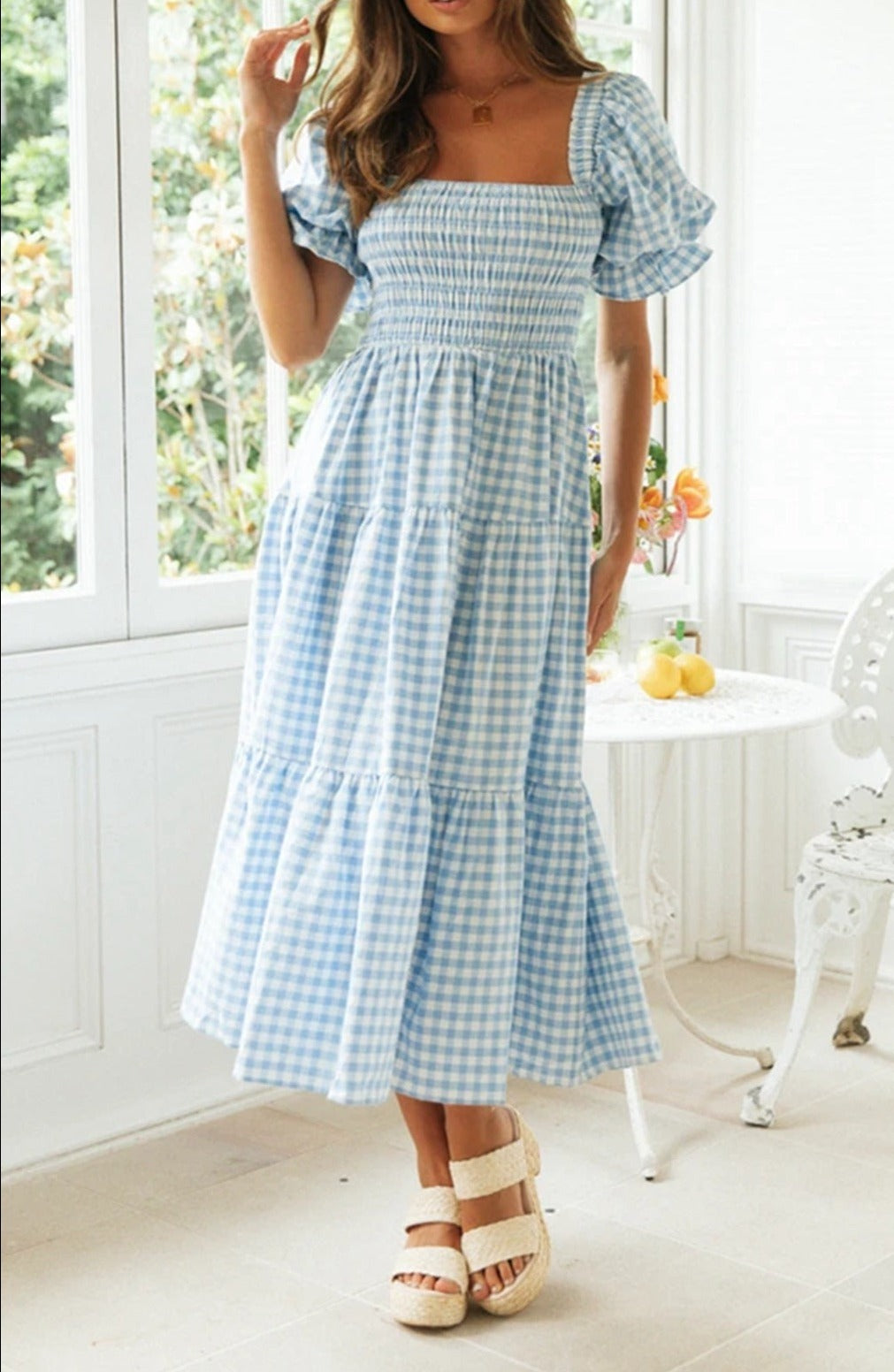 Plaid Dress Square Collar Puff Sleeve High Waist