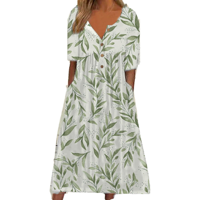 V-Neck Women's Dress with Printed Design and Button Pocket