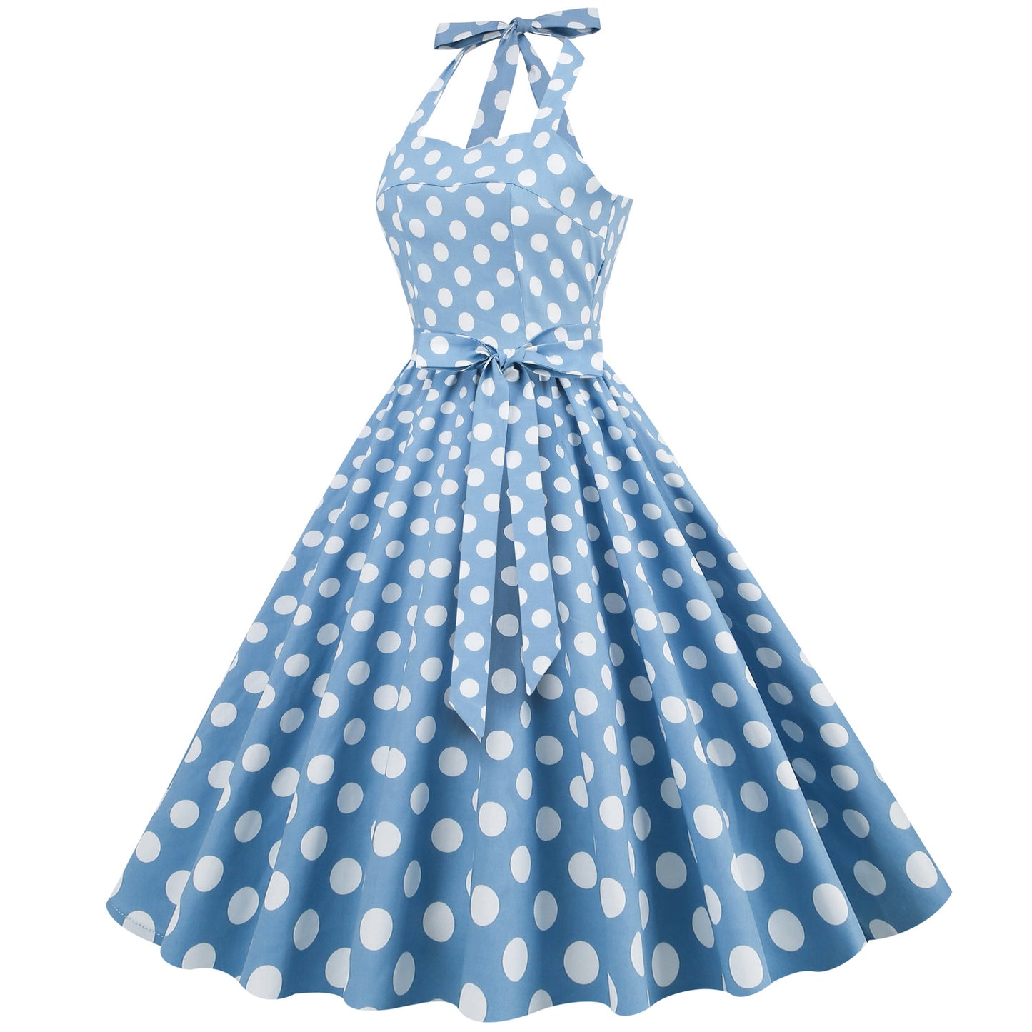 Vintage Polka Dot Halter Dress with Lace-Up Detail and Puff Sleeves