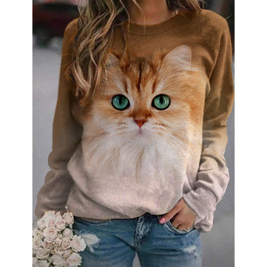 New Women's Sweater with Cat Element, Long Sleeves, and Round Neck