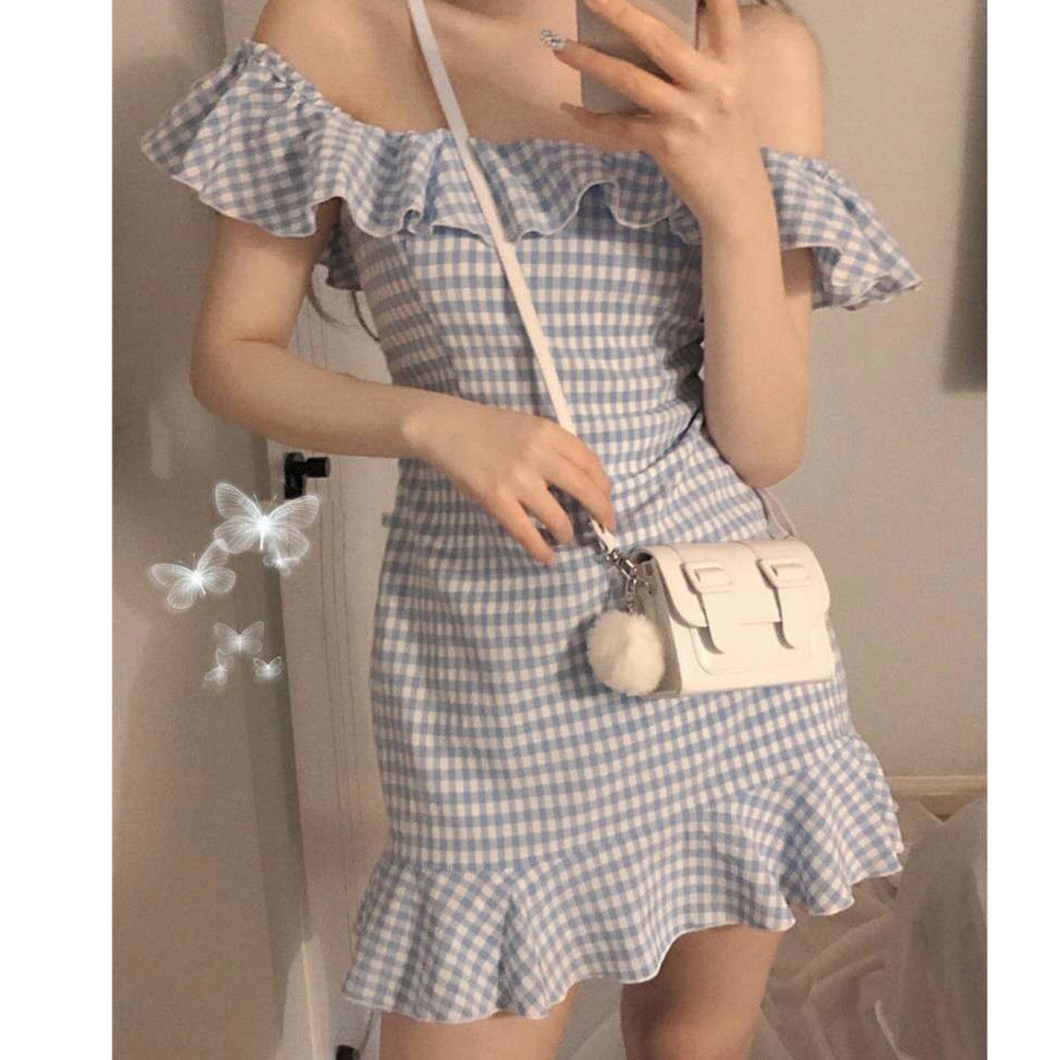 Ruffles Vintage Ins Off Shoulder Plaid Dress